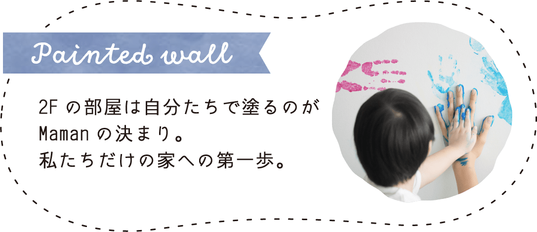 Painted wall 2Fの部屋は自分たちで塗るのがMamanの決まり。私たちだけの家への第一歩。
